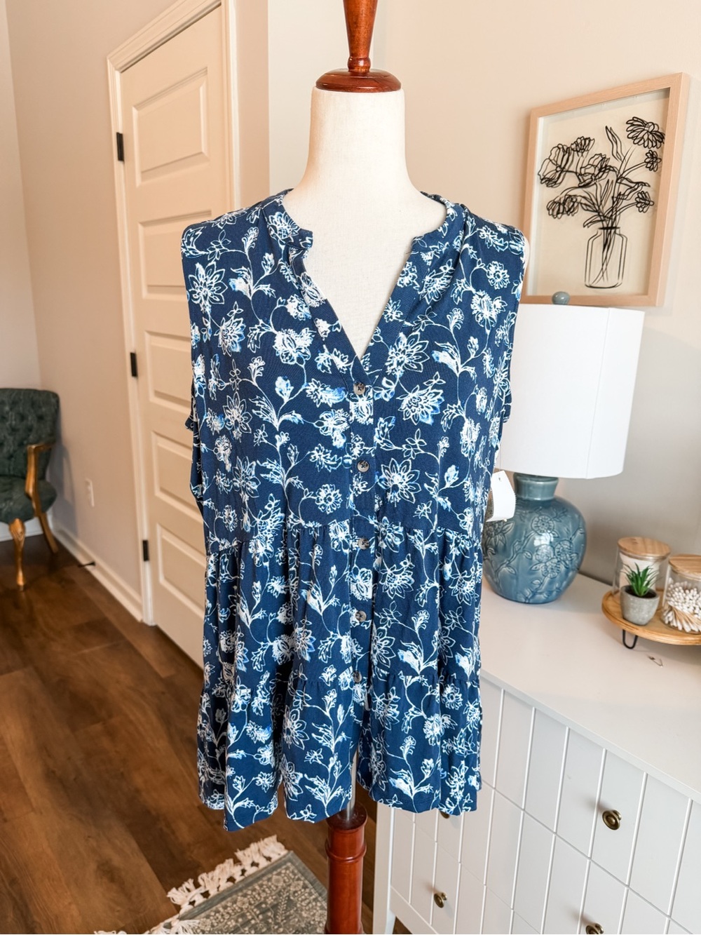 Sleeveless Navy Floral Button Down Top - Women